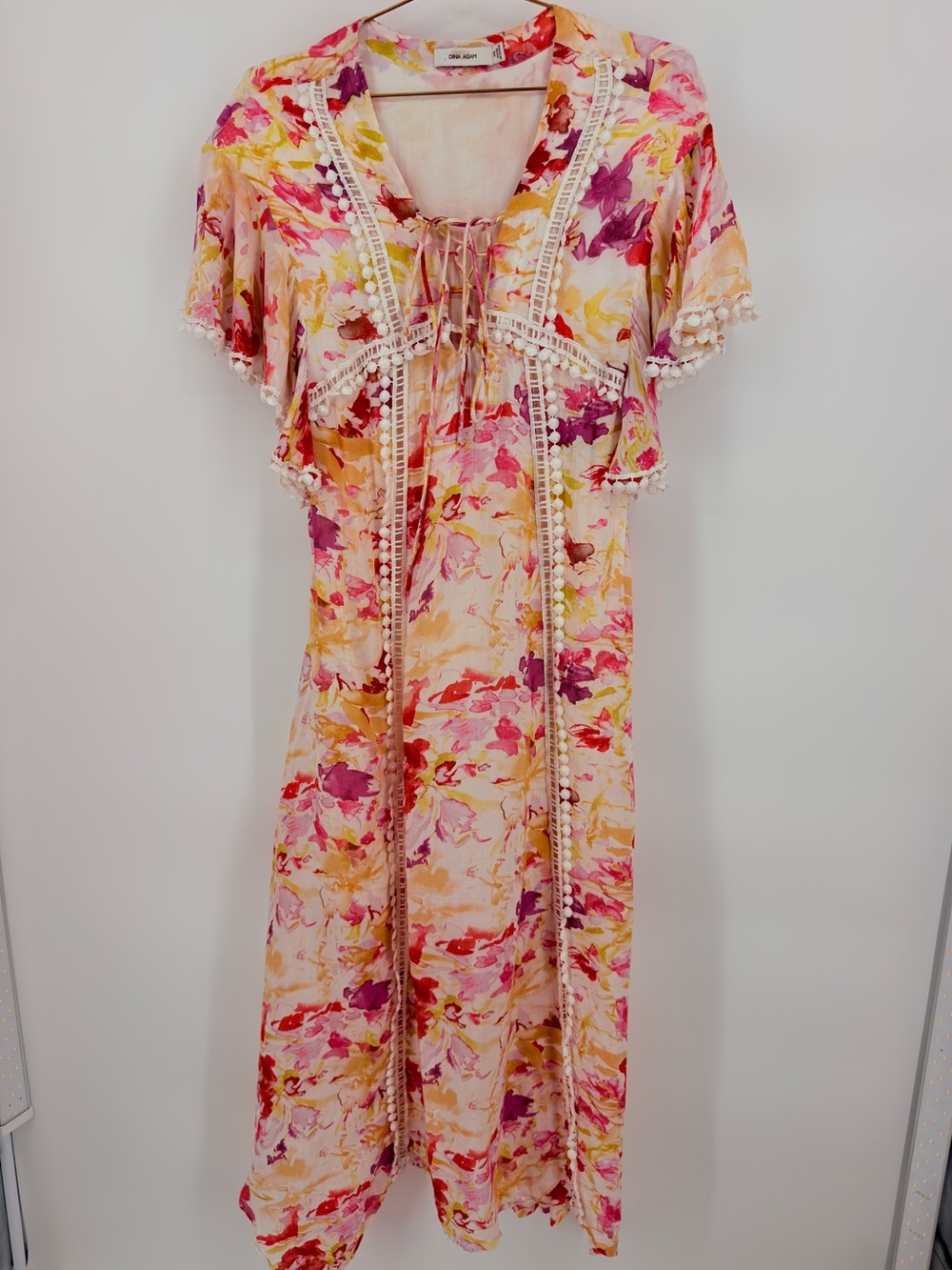 Dina Agam Floral Boho Midi Dress Pom Pom Trim Tie Neck XS
